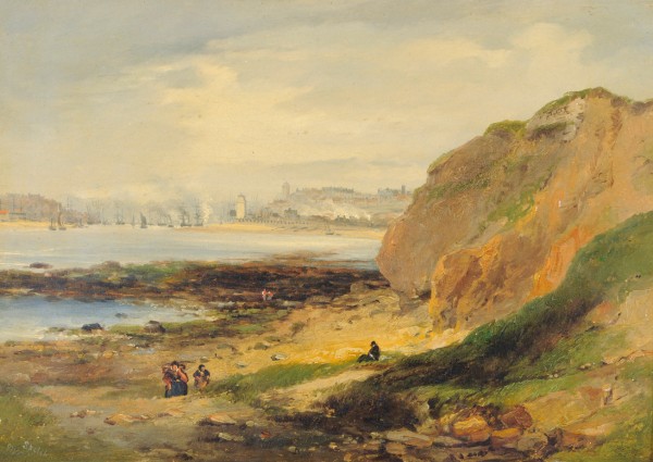Landscape with boats near a distant city by John Wilson Carmichael